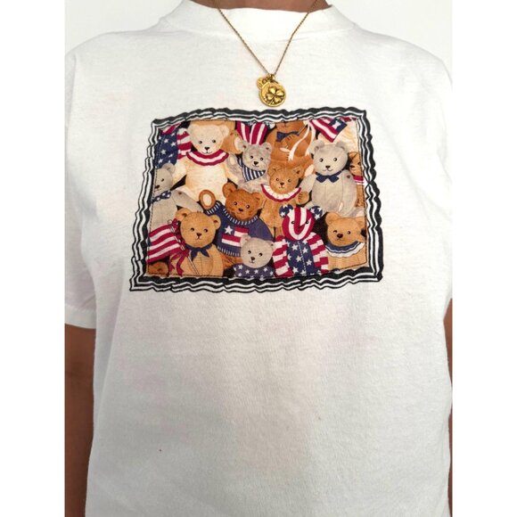90s vintage teddy bear print USA patriotic tshirt mini shorts matching coord set - Picture 6 of 9